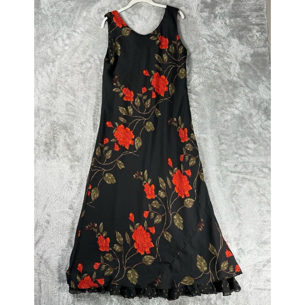 Mary McFadden Maxi Dress Womens 16 Black Red Floral Long Lined Ruffled Going Out